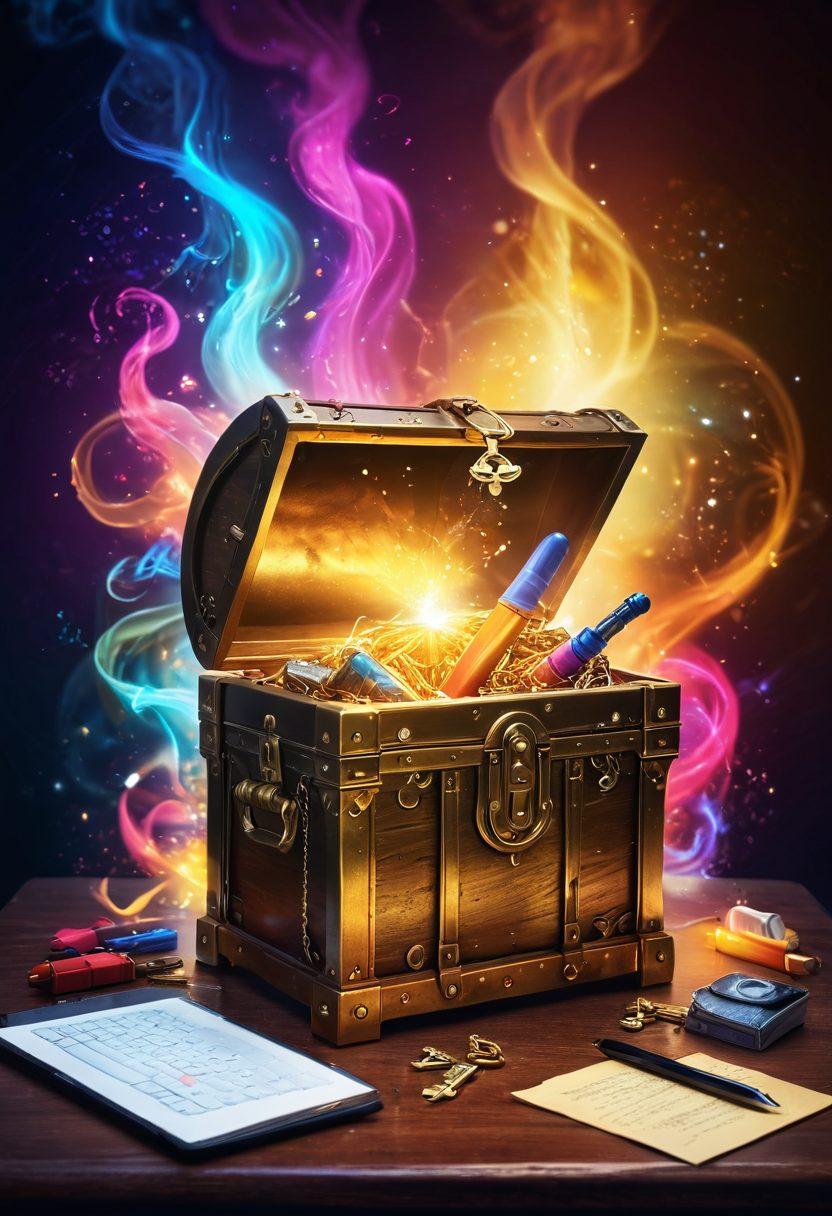 A key unlocking a golden treasure chest, surrounded by swirling, ethereal light representing knowledge and strategies. The chest contains shimmering blog-related icons like pens, light bulbs, and laptop screens. In the background, silhouettes of diverse bloggers celebrating their success, infused with vibrant colors to signify creativity and inspiration. super-realistic. vibrant colors. mystical atmosphere.