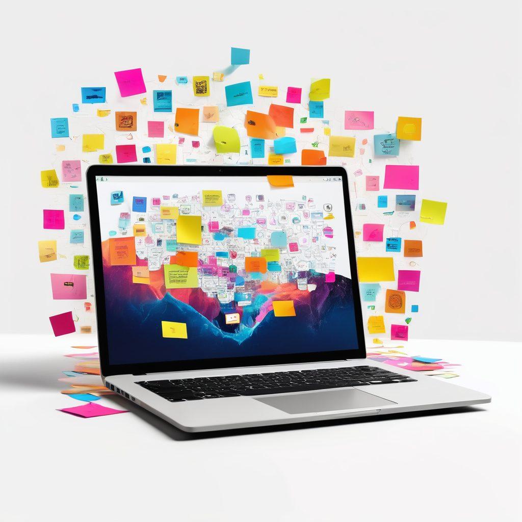 A vibrant digital workspace featuring a laptop open to a content creation platform, surrounded by colorful sticky notes and brainstorming sketches. Include graphics of social media icons floating around and an abstract representation of digital connectivity, symbolizing online engagement. The scene should have a bright and energetic atmosphere, conveying creativity and innovation in the digital space. super-realistic. vibrant colors. white background.